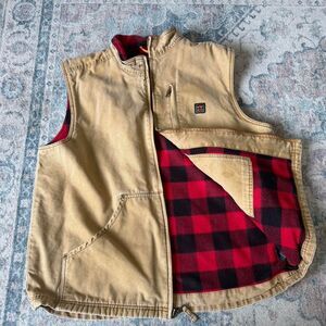 Vintage 90s WALLS tan workwear canvas vest with red plaid lining